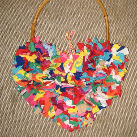 ❤️Handmade HEART Shaped Multi Color Fabric and Bamboo Handle Purse - Picture 1 of 4